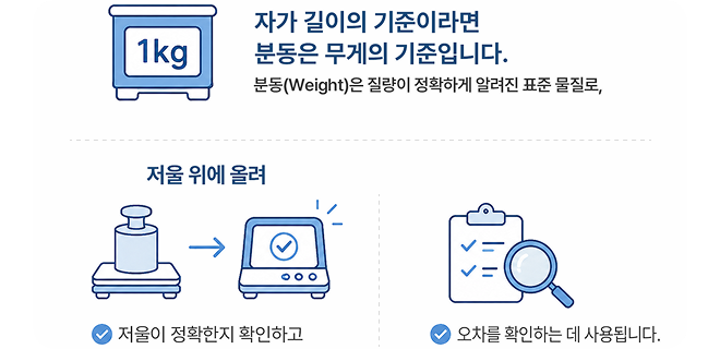 자가 길이의 기준이라면 분동은 무게의 기준입니다. 분동은 질량이 정확하게 알려진 표준 물질로 저울위에 올려 저울이 정확한지 확인하고 오차를 확인하는데 사용됩니다.