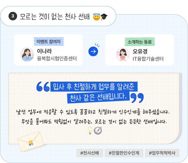 모르는 것이 없는 천사 선배 | 이벤트 참여자 융복합시험인증센터 이나라 님이 소개하는 동료 IT융합기술센터 오유경 님. “입사 후 친절하게 업무를 알려준 천사 같은 선배입니다.” 낯선 업무에 적응할 수 있도록 꼼꼼하고 친절하게 인수인계를 해주셨습니다. 무엇을 물어봐도 막힘없이 알려주는, 모르는 것이 없는 든든한 선배입니다. #천사선배 #친절한인수인계 #업무척척박사