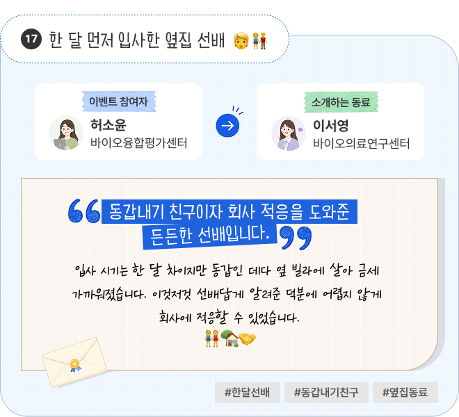 한 달 먼저 입사한 옆집 선배 | 이벤트 참여자 바이오융합평가센터 허소윤 님이 소개하는 동료 바이오의료연구센터 이서영 님. “동갑내기 친구이자 회사 적응을 도와준 든든한 선배입니다.” 입사 시기는 한 달 차이지만 동갑인 데다 옆 빌라에 살아 금세 가까워졌습니다. 이것저것 선배답게 알려준 덕분에 어렵지 않게 회사에 적응할 수 있었습니다. #한달선배 #동갑내기친구 #옆집동료