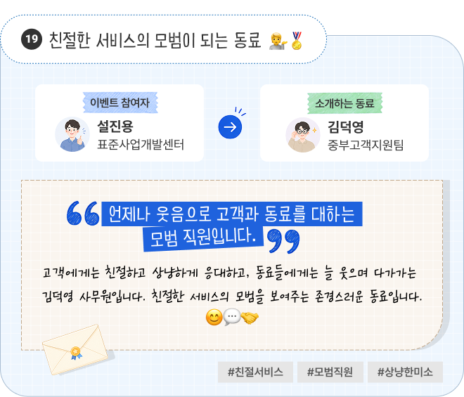 친절한 서비스의 모범이 되는 동료 | 이벤트 참여자 표준사업개발센터 설진용 님이 소개하는 동료 중부고객지원팀 김덕영 님. “언제나 웃음으로 고객과 동료를 대하는 모범 직원입니다.” 고객에게는 친절하고 상냥하게 응대하고, 동료들에게는 늘 웃으며 다가가는 김덕영 사무원입니다. 친절한 서비스의 모범을 보여주는 존경스러운 동료입니다. #친절서비스 #모범직원 #상냥한미소