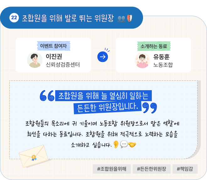 조합원을 위해 발로 뛰는 위원장 | 이벤트 참여자 신뢰성검증센터 이진권 님이 소개하는 동료 노동조합 유동훈 님. “조합원을 위해 늘 열심히 일하는 든든한 위원장입니다.” 조합원들의 목소리에 귀 기울이며 노동조합 위원장으로서 맡은 역할에 최선을 다하는 동료입니다. 조합원을 위해 적극적으로 노력하는 모습을 소개하고 싶습니다. #조합원을위해 #든든한위원장 #책임감
